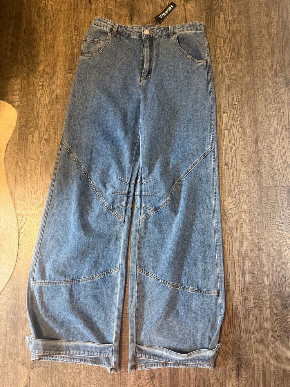 Steve Madden Tre Denim Mid-Rise Wide-Leg Adjustable Ankle Strap Jeans